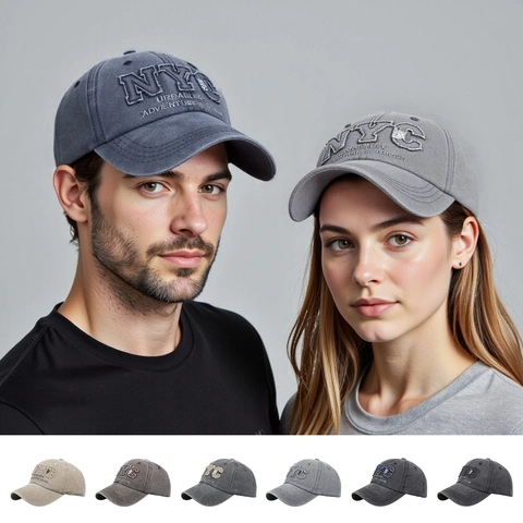Berretto da Baseball in Cotone Lavato Vintage NYC Lettere Jacquard Distressed Regolabile Dad Hat Outdoor Protezione Solare