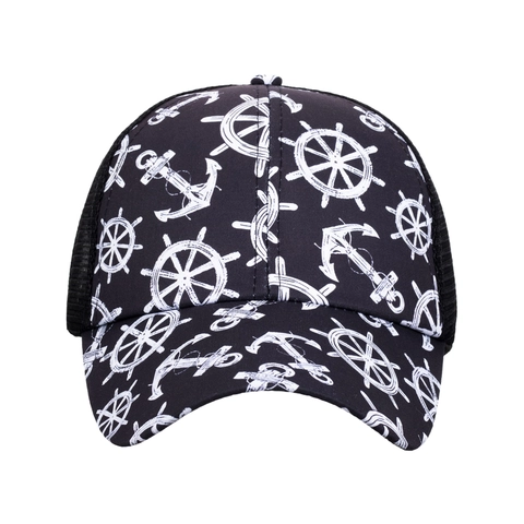 Berretto da Baseball in Rete con Stampa Nautica Ancora Timone per Donna Compatibile con Coda di Cavallo Fasce Incrociate Parasole
