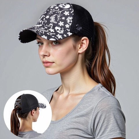 Cappellino da Baseball Donna per Coda di Cavallo con Stampa Teschio Floreale Farfalla Mesh Traspirante Parasole Outdoor Regolabile