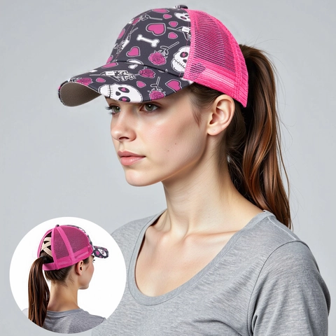 Berretto da Baseball da Donna per Coda di Cavallo Rete Traspirante Cappello da Sole Teschio Rosa Cuore Stampa Trucker Hat Casual Sportivo
