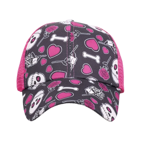 Berretto da Baseball da Donna per Coda di Cavallo Rete Traspirante Cappello da Sole Teschio Rosa Cuore Stampa Trucker Hat Casual Sportivo