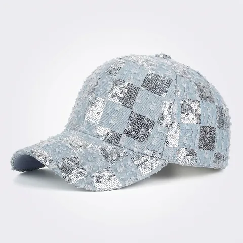 Gorra de Béisbol Estilo Étnico con Lentejuelas Look Denim Desgastado Tablero de Ajedrez Protección Solar Ajustable Mujer