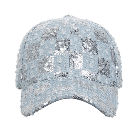 Gorra de Béisbol Estilo Étnico con Lentejuelas Look Denim Desgastado Tablero de Ajedrez Protección Solar Ajustable Mujer