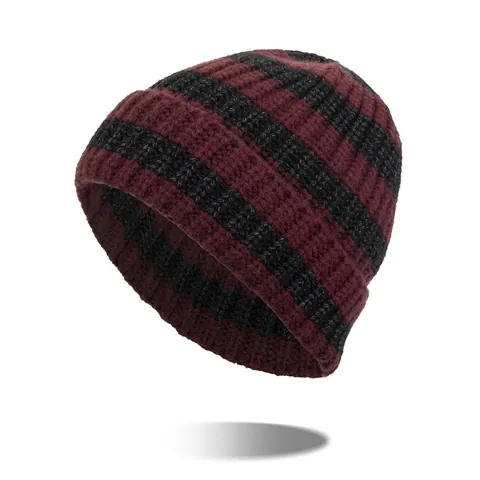 Unisex Striped Knit Beanie Hat Acrylic Polyester Blend Warm Winter Skull Cap Casual Ribbed Cuffed Headwear For Men Women
