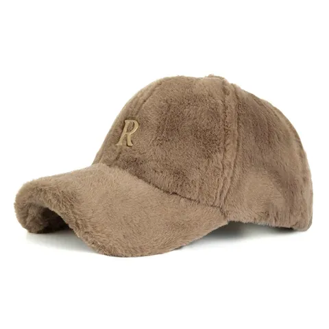 Berretto da Baseball in Peluche di Pelliccia di Coniglio Sintetica Invernale da Donna Con Lettera R in Metallo Khaki Beige Nero Bianco