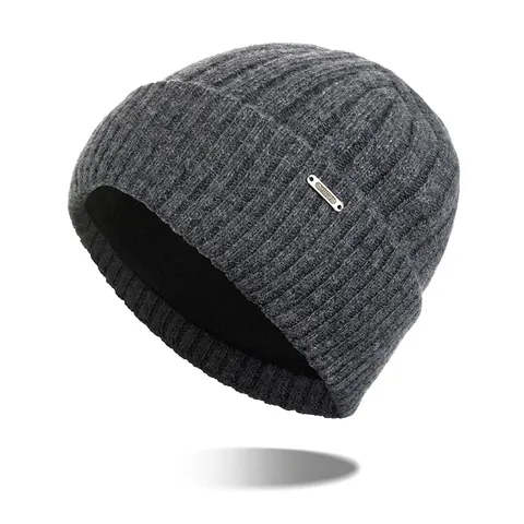 Men Winter Thickened Wool Beanie Hat Warm Fleece Lining Ribbed Knit Skull Cap With Metal Plate Outdoor Casual Headwear