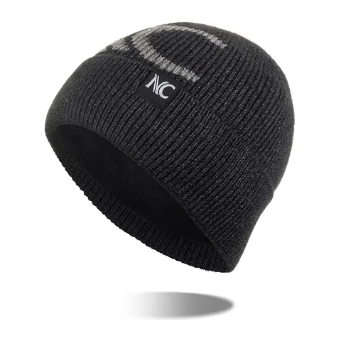 Herren Winter Strickmütze Fleece Gefüttert Warm Verdickt Gerippt Buchstaben Patch Outdoor Acryl Polyester Nylon Beanie