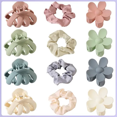 Pinze per Capelli in Plastica Opaca e Elastici in Tessuto di Raso da Donna Colori Morandi Stile Fiore Polpo Accessori per Capelli