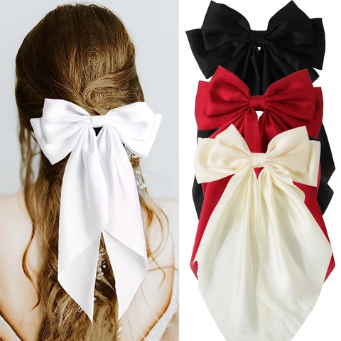 Eleganter Großer Satin Haarspange Mit Schleife Und Langem Band Für Damen Übergroßer Seidiger Federclip Haarschmuck