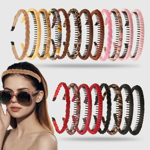 Damen Einfache Mode Rutschfeste Stirnband Set Mit Zähnen Kunststoff Stoff Umwickelt Geflochtene Haarband Täglich Haarreif