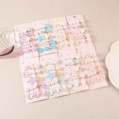 Clips Para El Cabello Tema Oceano Con Estrella De Mar Concha Cola De Sirena Perlas Artificiales Resina Metal Joyas Para El Cabello Mujer