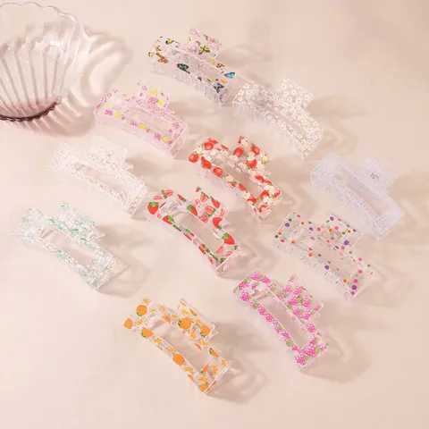 Bedruckte Kunststoff Haarkralle Für Damen Transparente Blumen Obst Muster Quadratische Shark Clip Mode Haarschmuck