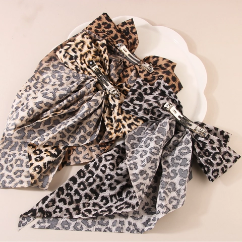 Vintage Leopardenmuster Große Schleife Haarklammer Für Damen Satinband Streamer Federklammer Elegantes Haar-Accessoire Styling-Tools