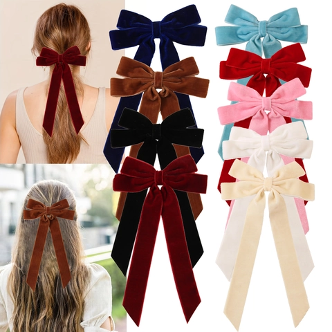 Vintage Velvet Bow Hair Clip With Long Streamers Elegant Double Layer Butterfly Ribbon Hairpin For Women Hair Accessories