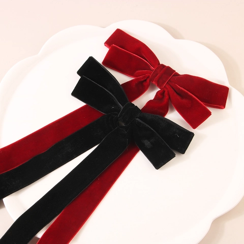 Pinza para el Cabello con Lazo de Terciopelo Vintage con Cintas Largas para Mujer Balletcore Rojo Vino Negro Lazo de Tela Pinza de Pico de Pato Accesorios para el Cabello