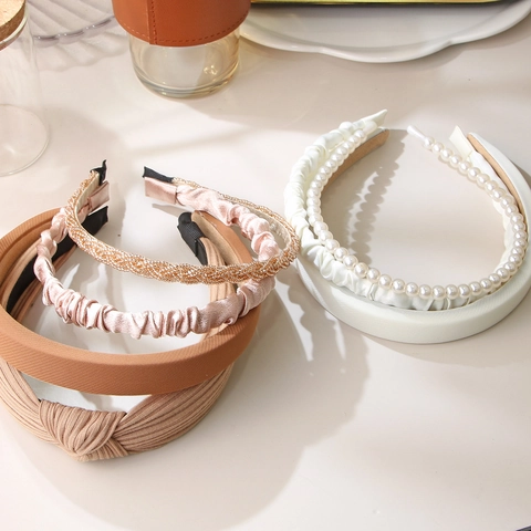 Elegant Fabric Artificial Pearl Headband Set Coffee Colors Satin Knitted Pleated Bow Hair Bands For Women Daily Fashion Accessories