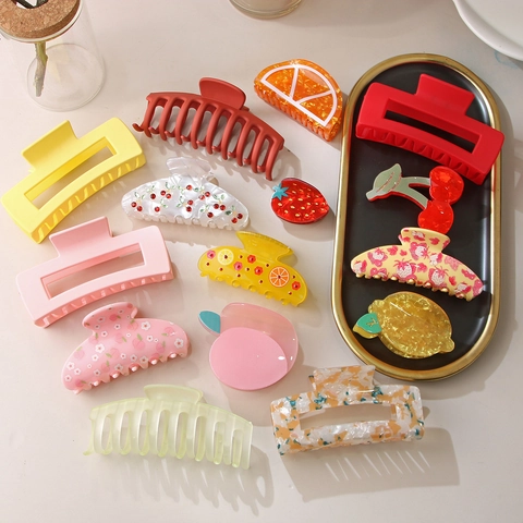 Elegant Acetate Fruit Shape Hair Claw Large Shark Clip For Women Strawberry Lemon Cherry Pattern Hair Accessories Bundle