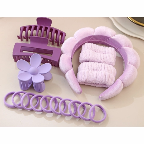 Women Cloud Sponge Headband Matte Hair Claw Clips Absorbent Wristbands Elastic Hair Ties Daily Wash Face Makeup Hair Accessories