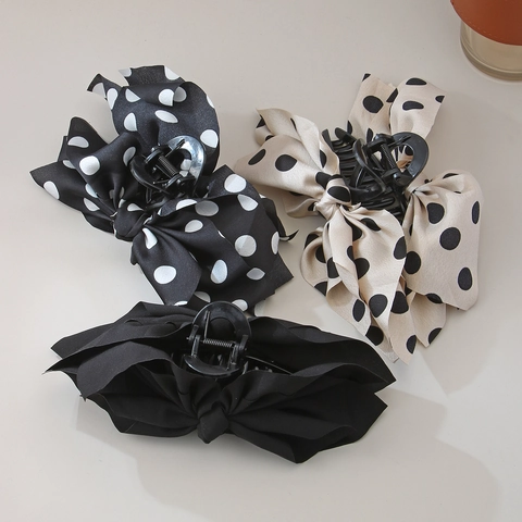 French Vintage Large Polka Dot Bow Hair Claw For Women Satin Fabric Bowknot Shark Clip Elegant Pleated Hair Accessories