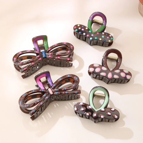 Korean Style Polka Dot Bowknot Hair Claw Clip Tortoiseshell Pattern Fashion Plastic Shark Clip Hair Accessories For Women