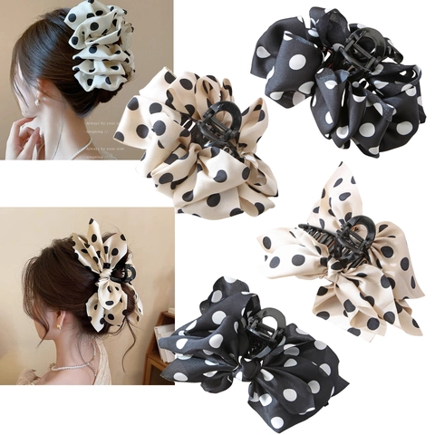 French Vintage Large Polka Dot Bow Hair Claw For Women Satin Fabric Bowknot Shark Clip Elegant Pleated Hair Accessories