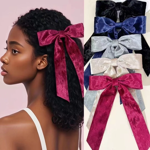 Elegante Pinza para el Pelo con Lazo de Terciopelo Grande con Cinta Larga Clip de Pico de Pato Horquilla de Cinta de Moda para Mujer Accesorios Pelo Color Sólido