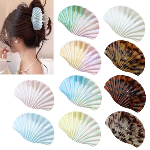 Pinzas de Garra para el Cabello de Concha de Vieira Grandes Para Mujer Pinzas para el Cabello de Plástico Perlado Iridiscente