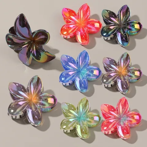 Pinza de Cangrejo para el Cabello con Flor de Frangipani Iridiscente para Mujer Material PS Lacado Aurora Pétalo Pinza para el Cabello Grande Accesorios de Moda para el Cabello