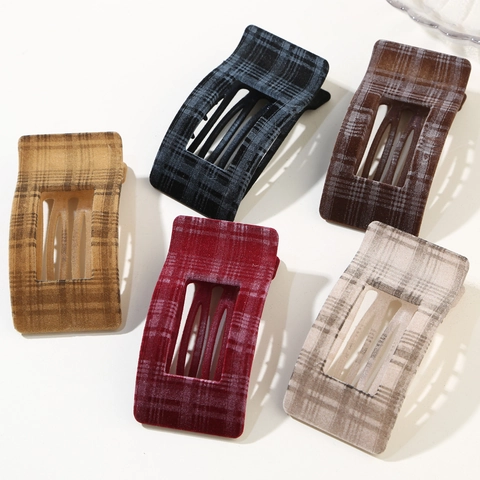 Fermaglio per Capelli Rettangolare a Quadri Floccato Vintage da Donna Clip a Becco d'Anatra Geometrico Retro Accessorio Moda Autunno Inverno