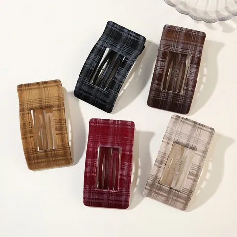 Fermaglio per Capelli Rettangolare a Quadri Floccato Vintage da Donna Clip a Becco d'Anatra Geometrico Retro Accessorio Moda Autunno Inverno