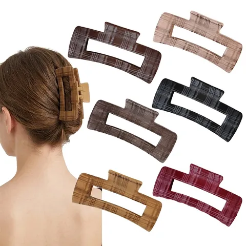 Molla per Capelli Retrò a Quadretti Floccata Per Donna Grande Rettangolare Gingham Shark Clip Eleganti Accessori per Capelli Autunno Inverno
