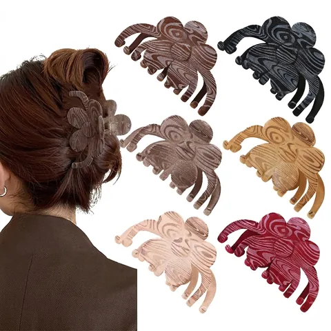 Pinza per Capelli Vintage a Forma di Fiore Floccato Motivo Venature del Legno Elegante Grande Matte Shark Clip Donna