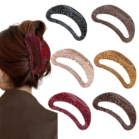 Französischer Vintage Beflockter Halbmond Haarkralle Clip Holzmaserung Textur Große Harz Haarklammer Für Damen Haarschmuck