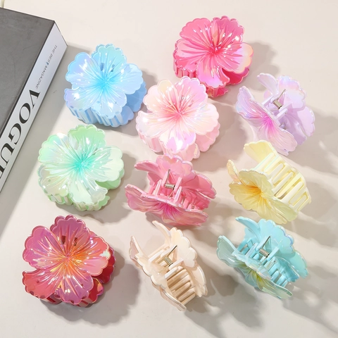 Sweet Iridescent Hibiscus Flower Hair Claw Clip Colorful Gradient Plastic Hairgrip For Women Beach Vacation Accessory