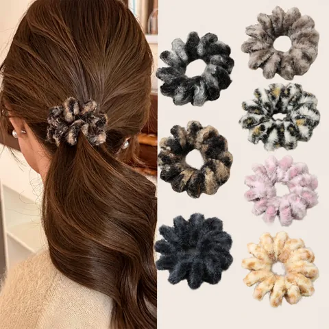 Damen Winter Plüsch Leopardenmuster Scrunchies Handgemacht Elastisch Kunstpelz Haarring Telefonkabel Pferdeschwanz Halter Haarschmuck