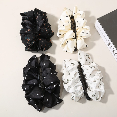 Vintage Bow Banana Hair Clip For Women French Floral Polka Dot Ruffle Chiffon Hair Accessory Large Ponytail Holder Handmade