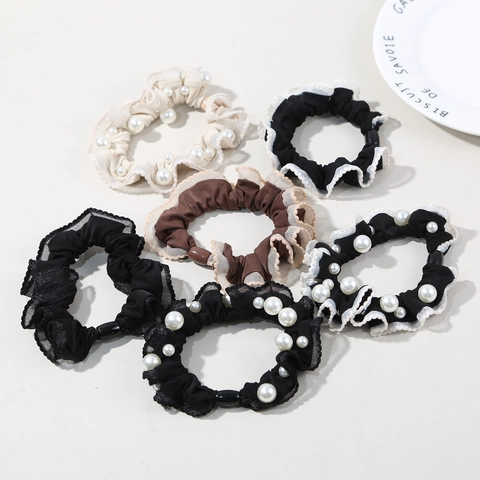 Scrunchie in Pizzo Vintage Bordo Festonato Morbido Perle Artificiali Elastici per Capelli Stile Francese Porta Coda di Cavallo Accessori per Capelli Donna
