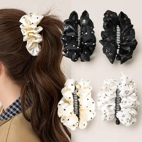 Vintage Bow Banana Hair Clip For Women French Floral Polka Dot Ruffle Chiffon Hair Accessory Large Ponytail Holder Handmade