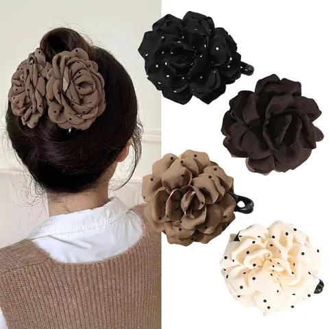 Elegante Fermaglio a Banana con Fiore in Tessuto 3D per Donna Fermacoda a Pois Floreale Accessorio per Capelli Retro