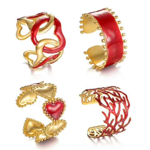 Bracciale Rigido Aperto in Acciaio Inossidabile Vintage Moda Smalto Rosso Cuore Corallo Traforato Polsino per Donna Gioielli
