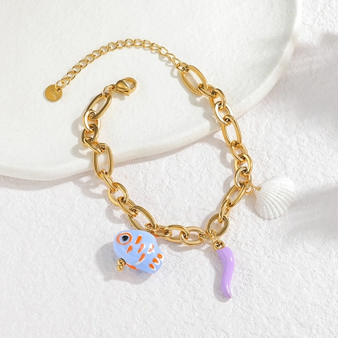 Böhmisches Edelstahl Keramik Charm Armband Für Damen Vintage Meerestier Blume Anhänger Vergoldet Mode Schmuck Verstellbare Kette Handschmuck