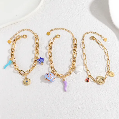 Böhmisches Edelstahl Keramik Charm Armband Für Damen Vintage Meerestier Blume Anhänger Vergoldet Mode Schmuck Verstellbare Kette Handschmuck