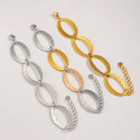 Stainless Steel Geometric Oval Link Bracelet For Women Hammered Texture Adjustable Chic Commute Fashion Jewelry Hand Accessory