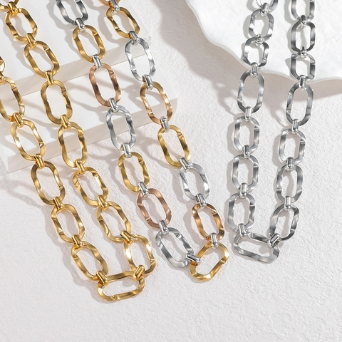 Minimalist Stainless Steel Chunky Oval Link Chain Necklace For Women Men Hammered Texture Long Sweater Chain Fashion Jewelry
