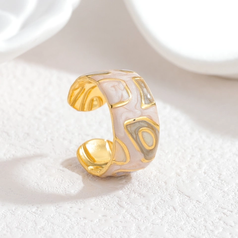 Vintage Stainless Steel Colorful Enamel Open Ring Abstract Mosaic Geometric Adjustable Wide Band Ring For Women Jewelry