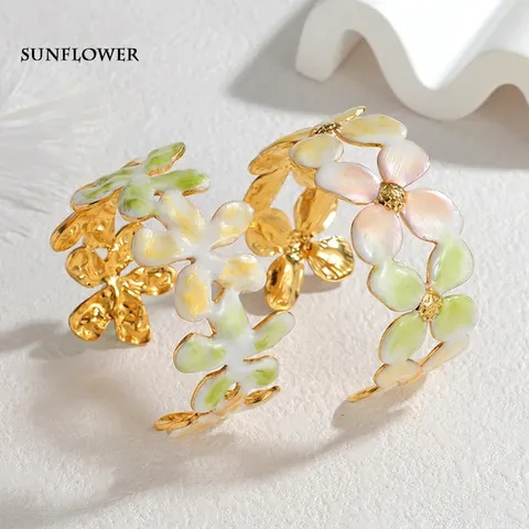 Vintage Emaille Blume Manschettenarmband Edelstahl Floral Verstellbarer Armreif Mode Eleganter Schmuck Für Damen