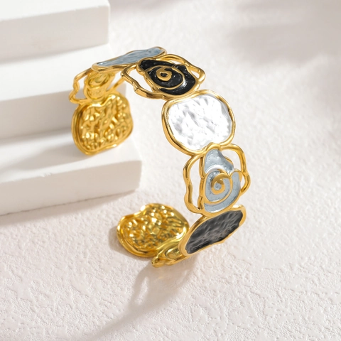 Vintage Stainless Steel Hollow Enamel Rose Flower Open Bangle Multicolor Glaze Hammered Texture Cuff Bracelet For Women Jewelry