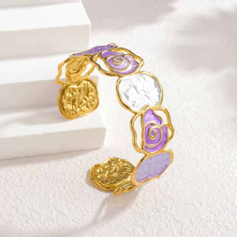 European American Colorful Dripping Oil Hollow Rose Flower Open Bangle Titanium Steel Niche Light Luxury Wide Bracelet