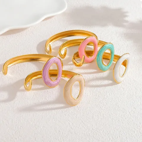 Bracciale Aperto in Acciaio Inossidabile Smaltato alla Moda per Donna Minimalista Ovale Trama Marmo Placcato Oro Gioielli Geometrici