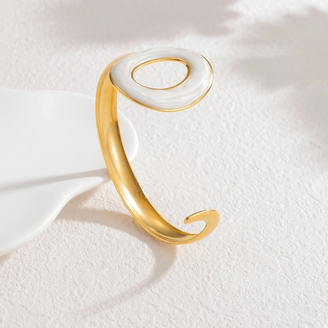 Bracciale Aperto in Acciaio Inossidabile Smaltato alla Moda per Donna Minimalista Ovale Trama Marmo Placcato Oro Gioielli Geometrici